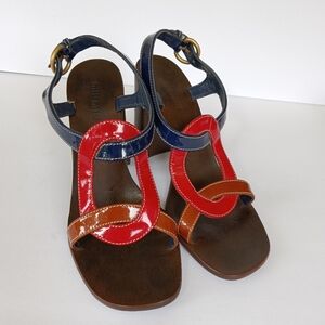 MIU MIU  Patent Leather & Wood Sole Ankle Strap Square Toe Sandal w/ Heels